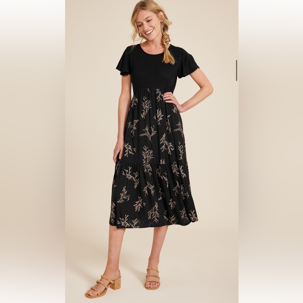 Maurices Black and Cream Floral Flutter Sleeve Midi Dress Size XL